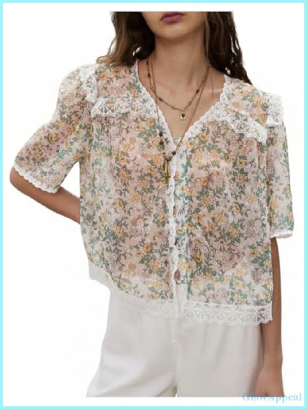 Boho Sheer Floral Lace Trim Ruffle Puff Sleeve Button Down Blouse